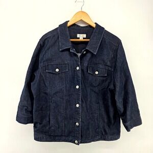 Denim & Co Jacket Womens XL Dark Wash Blue Stretch 3/4 Sleeve Button Trucker